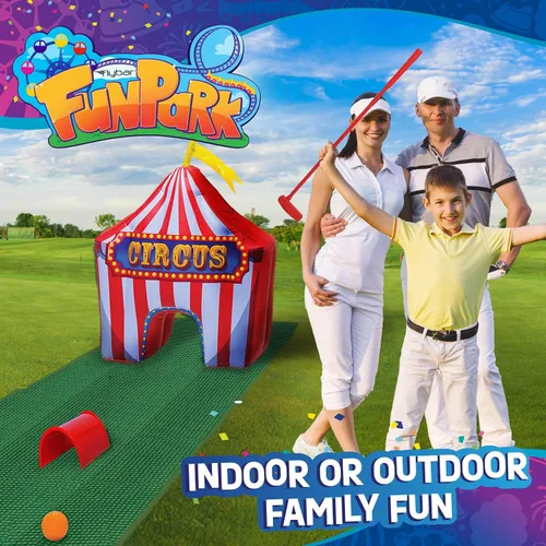 Miniatura 5 de FunPark - Juego de minigolf inflable – Campo de 13 piezas con palos ajustables, pelotas, copas de putting, tapetes verdes y obstáculos temáticos