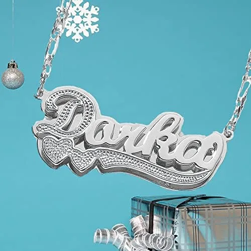 Miniatura 6 de Drawelry Collar con nombre personalizado de dos tonos con placa de oro de 18 quilates, chapado en doble corazón, placa con dije de placa de nombre