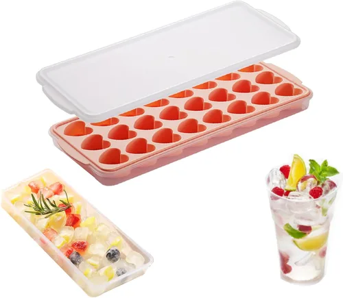 Miniatura 9 de Paquete de 2 bandejas de cubitos de hielo en forma de corazón con tapa y contenedor - 48 agujeros, bandeja de cubitos de hielo mini de corazón