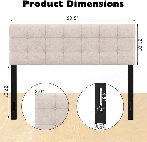 Miniatura 3 de Giantex Cabecero Tapizado de Lino, Cabecero con Botones Capitoné de Ancho Ajustable Solo con Patas de Madera Maciza, Se Fija al Marco, Cabeceros