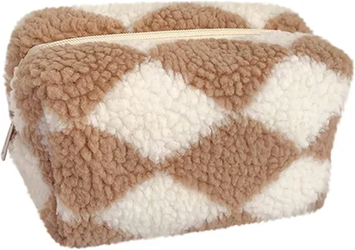 Miniatura 18 de Bolsa de Maquillaje a Cuadros de Felpa Bolsa de Cosméticos Estética a Cuadros Bolsos de Mano Lindos con Cremallera Bolsa de Viaje para Artículos
