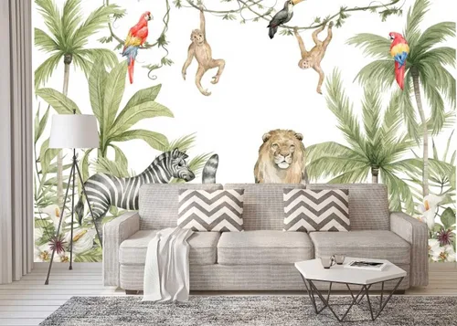 Miniatura 3 de Pegatinas de pared de animales de selva de plantas verdes tropicales, murales de pared personalizados para dormitorios, salas de estar, oficinas