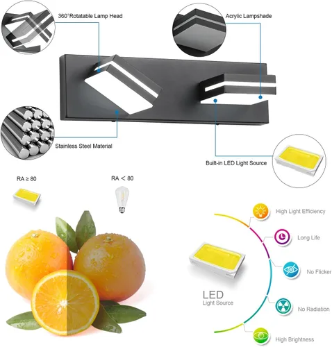 Miniatura 2 de SineRise - Lámpara LED para tocador de baño - Moderna lámpara regulable de acrílico con acabado negro mate para iluminación de pared sobre el espejo