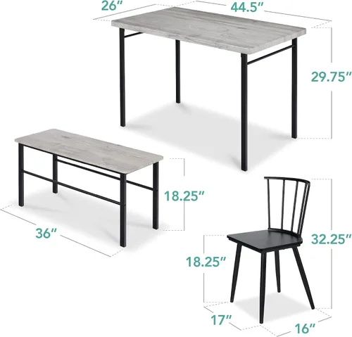 Miniatura 7 de Best Choice Products Juego de mesa de comedor de 4 piezas con 2 sillas de husillo negro, banco de comedor, mesa de cocina, sillas Windsor, color gris