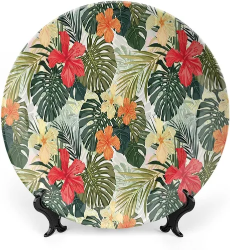 Miniatura 19 de XISUNYA Plato decorativo de 7 pulgadas, cerámica con hojas de cerámica, esqueleto, flores de primavera transparentes de fantasía, impresión de moda