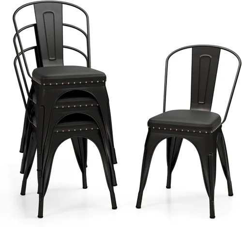 Giantex Juego de 4 sillas de comedor de metal, sillas auxiliares apilables de cocina sin brazos con respaldo desmontable y asiento acolchado de piel