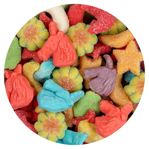 Surtido de caramelos de mezcla de unicornio, bolsa a granel de 2 libras, unicornios gomosos, gomitas de estrellas y luna, flores de goma agria,