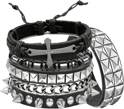 Miniatura 8 de Juego de 4 pulseras góticas de cuero negro, pulseras con tachuelas de pirámide, pulseras de muñeca punk rock para hombres y mujeres, conciertos