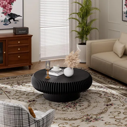 Miniatura 7 de Mesa de centro de tambor de 31.5 pulgadas, moderna y única, mesa de té acanalada, mesa de centro redonda de madera contemporánea con mesa central