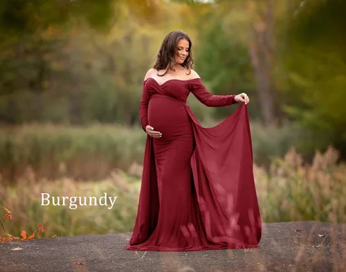 Miniatura 7 de ZIUMUDY Vestido de maternidad de manga larga con hombros descubiertos, vestido de gasa para sesión de fotos, baby shower