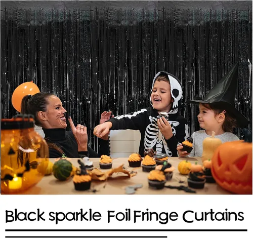 Miniatura 5 de Cortina de oropel con flecos negra para decoración de fiesta de cumpleaños, 2 paquetes, cortina de fiesta con purpurina, decoraciones de fiesta