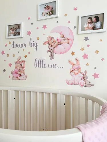 Miniatura 2 de Adhesivos de pared rosa con conejos para guardería - Decoración de pared de conejo para habitación de bebé niña, adhesivos de animales para sala