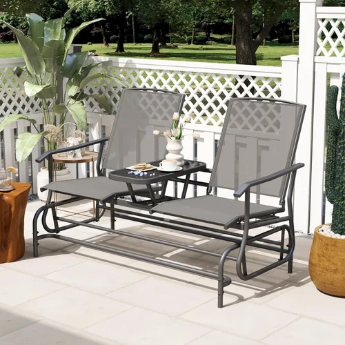 Miniatura 4 de Tangkula Silla mecedora para 2 personas, sofá biplaza mecedora para patio con mesa central de vidrio templado, banco de columpio para exteriores