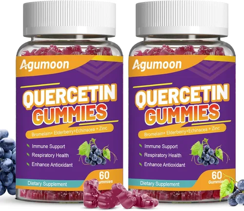 Paquete de 2 gomitas de quercetina, 1000 mg de quercetina con bromelina zinc saúco, apoyo inmunológico y antioxidante, gomitas veganas para adultos
