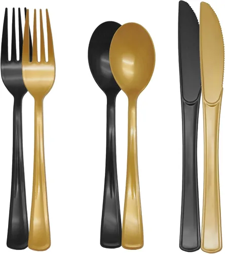 Juego de 150 cubiertos de plástico negro y dorado, resistente, cubiertos de plástico negro y dorado, incluye cucharas, tenedores, cuchillos para