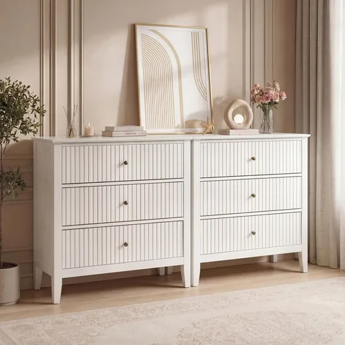 Miniatura 22 de RoyalCraft Cómoda Acanalada Beige de 3 Cajones, Cómoda de 32 Pulgadas de Ancho Mesita de Noche para Dormitorio, Cofre de Cajones de Madera Moderno