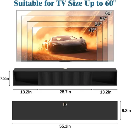 Miniatura 2 de Soporte de TV flotante de 55 pulgadas con luz LED, soporte de TV flotante montado en la pared, centro de entretenimiento flotante con almacenamiento