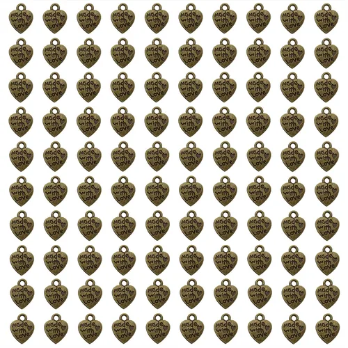 Shapenty 100 mini cuentas de metal en forma de corazón "Hecho con amor" a granel para manualidades, llavero, collares, colgantes, pulseras, aretes,