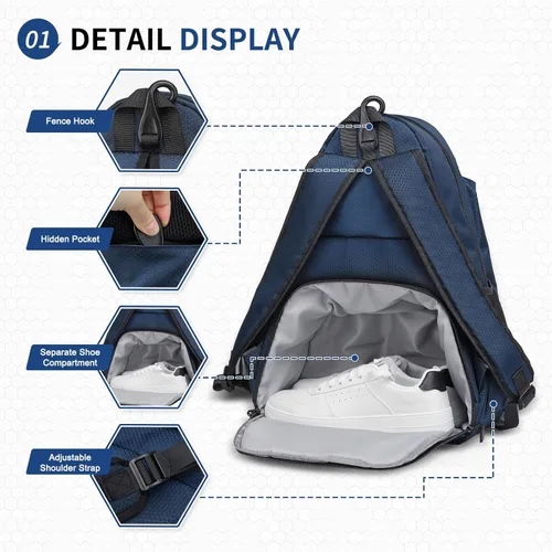 Miniatura 4 de Mochila de tenis para raquetas, bolsa de tenis impermeable con compartimento para zapatos, bolsillo húmedo/seco, gancho para cerca, para tenis, Azul