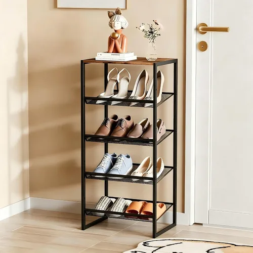 Miniatura 13 de Garden 4 you Zapatero estrecho de 3 niveles para armario, zapatero pequeño con mesa de madera marrón, estante de zapatos de metal ajustable