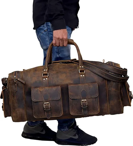 Miniatura 3 de Bolsas de lona grandes para hombre, bolsa de viaje de cuero para gimnasio, deportes, fin de semana, Marrón, Bolsa de cuero
