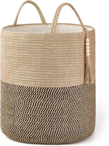 Miniatura 12 de Mkono Cesta Alta de Mimbre para Ropa Sucia Cesta de Almacenamiento Tejida Cesta Decorativa de Cuerda Natural Decoración de Cuentas de Madera