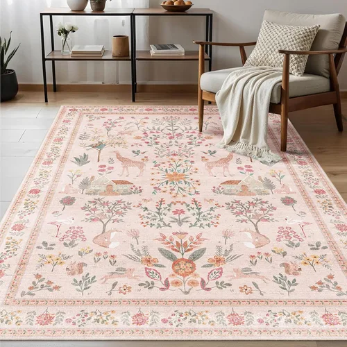 Miniatura 48 de Alfombra de área de 5 x 7 pies para sala de estar, alfombra verde boho antideslizante lavable, alfombra vintage de pelo bajo, alfombra grande
