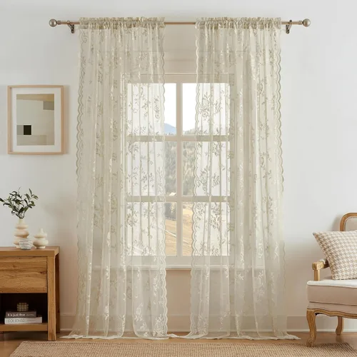 Miniatura 58 de SEEKRIGHT - 2 paneles de cortinas traslúcidas de encaje negro, cortinas góticas florales, cortinas victorianas con bolsillo para cortinero