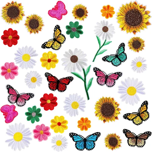Canlierr 36 parches bordados con flores para planchar con girasol, bonitos parches para coser en ropa, parches decorativos grandes y coloridos para