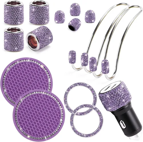Miniatura 14 de ToBeQueen Juego de accesorios de automóvil con brillos para mujer y niña, collares para reposacabezas de automóvil con brillos, cargador