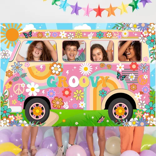 Miniatura 4 de Decoraciones de fiesta hippie Groovy Bus Banner de los años 60, telón de fondo de margarita, recortado de la cara de los años 60, accesorios