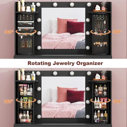 Miniatura 2 de EasyCom - Mesa de tocador con organizadores de joyería giratorios, tocador de maquillaje con espejo y luces, mesa de vestir con estación de carga