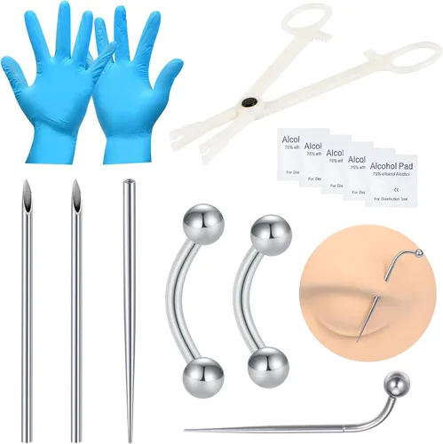 Miniatura 6 de DJCIW Kit de Perforación con Agujas Desechables 12G 14G 16G 18G, Pinzas, Dilatador para Ombligo, Nariz, Tabique, Pezón, Lengua, Ceja, Labio Kit