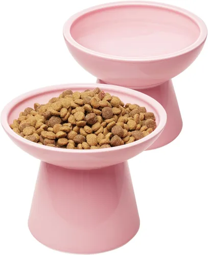 Miniatura 16 de CEEFU 2 cuencos elevados de cerámica para gatos extra anchos para alimentos y agua, plato de comida poco profunda, sin plomo ni cadmio, altura Verde