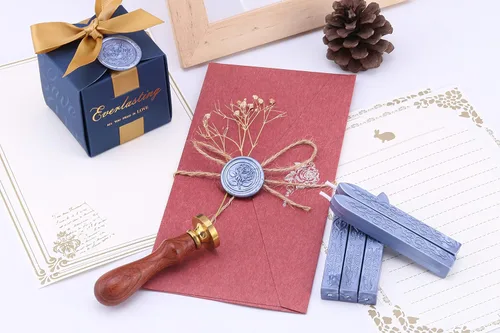 Miniatura 5 de Yoption 5 varillas de cera de sellado azul metálico, tótem antiguo manuscrito de fuego con mechas para sello de cera (azul metálico)