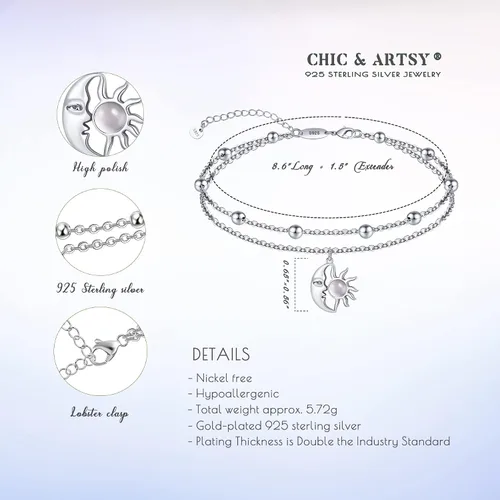 Miniatura 32 de CHIC & ARTSY Tobilleras de plata de ley S925 para mujer, pulsera de tobillo ajustable multicapa para playa, joyería de verano para mujer, de 10 a 11