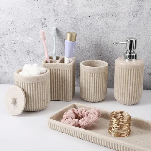 XLHOMO Juego de accesorios de baño de resina beige de 5 piezas, dispensador de jabón y loción, soporte para cepillo de dientes, vaso de baño, porta