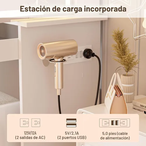 Miniatura 5 de Mesa de tocador ALEAVIC con espejo y luces LED, juego de tocador de maquillaje con toma de corriente y taburete, almacenamiento para joyas, mesa