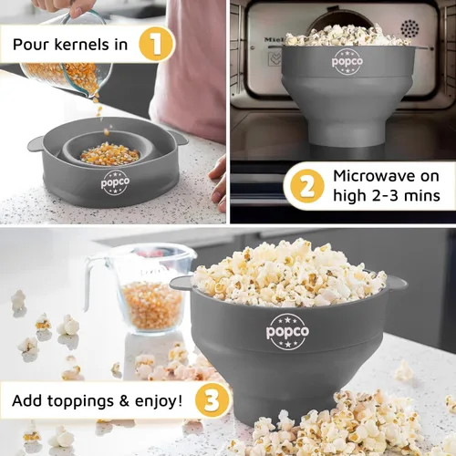 Miniatura 5 de POPCO Palomitas de maíz de silicona para microondas con asas, máquina de palomitas de maíz, cuenco plegable y apto para lavavajillas, 15 colores Gris