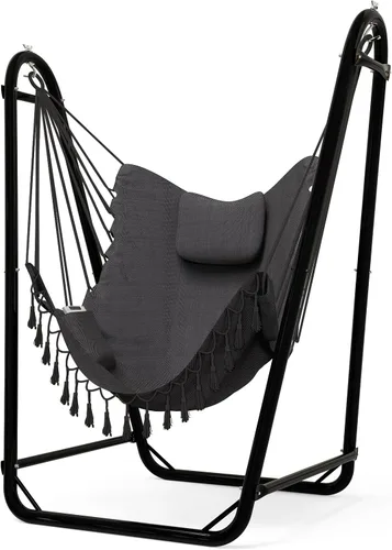 Silla hamaca única en forma de U con soporte, resistente y resistente al óxido, silla hamaca de algodón gris gratis