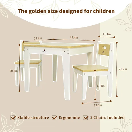 Miniatura 5 de Damoch Family® Juego de mesa y sillas de madera para niños Mesa Montessori de arte y manualidades con 2 sillas Mesa de juego de actividades