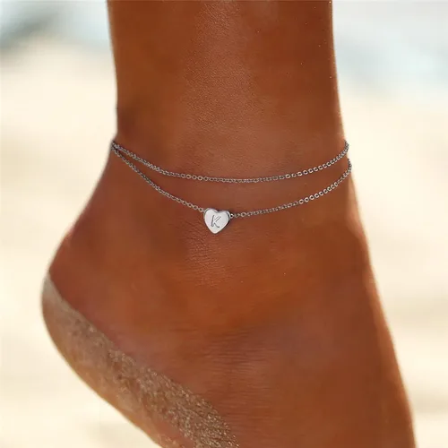 Miniatura 6 de Tobillera con inicial de corazón de plata para mujer, chapada en oro blanco de 14 quilates, hecha a mano, delicada tobillera en capas con letra