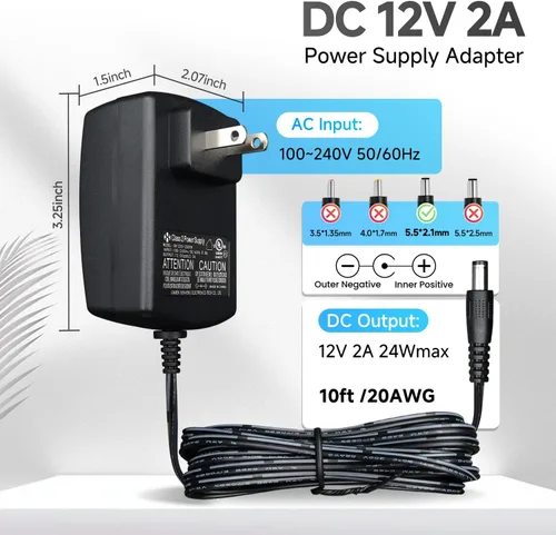 Miniatura 3 de Adaptador de fuente de alimentación de 12 V, 2 A, 10 pies, CA a CC 24 W, 2000 mA, 1500 mA, 1000 mA, 500 mA, cable de alimentación de repuesto