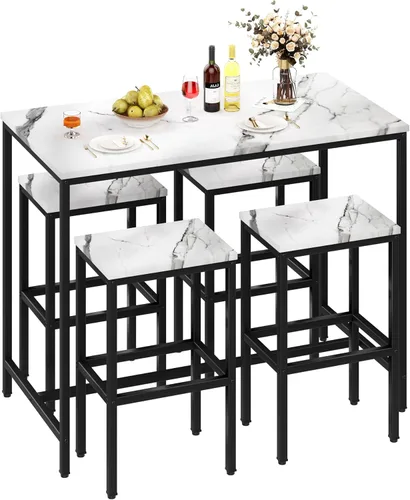 Yongchuang Juego de mesa de bar de 5 piezas, juego de mesa de bar de cocina y sillas de 4 piezas, mesa moderna de metal de altura de mostrador con