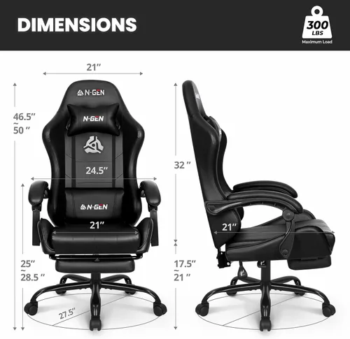 Miniatura 3 de N-GEN GAMING Silla de videojuegos con reposapiés, soporte lumbar para el hogar, oficina, respaldo alto, reclinable, altura ajustable, ergonómica