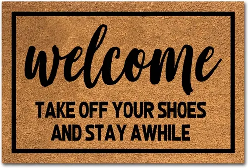 Tapete divertido de fibra de coco con texto en inglés "Welcome Take Off Your Shoes and Stay Awhile", tapete para puerta delantera, entrada al aire