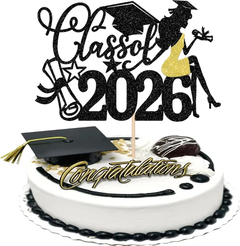 Miniatura 37 de 1 paquete de decoración para tarta de graduación para niña, con purpurina, para diploma, decoración para adultos mayores 2026, para niñas, escuela