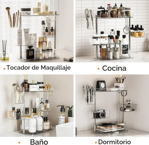 Miniatura 6 de Organizador de maquillaje giratorio de 360°, organizador de maquillaje con soporte para brochas y soporte de perfume, organizador de mostrador