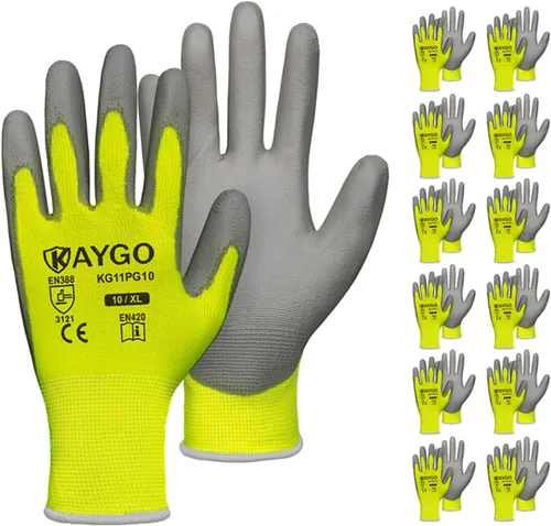 Miniatura 43 de KAYGO KG11PB - Guantes de seguridad con revestimiento delgado de poliuretano, tejido sin costuras, agarre suave en palma y dedos, para trabajo Verde