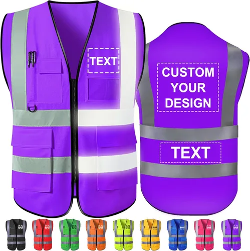 Miniatura 11 de Chaleco de seguridad personalizado Chalecos reflectantes de alta visibilidad con bolsillos con cremallera, logotipo personalizado clase 2 para Azul